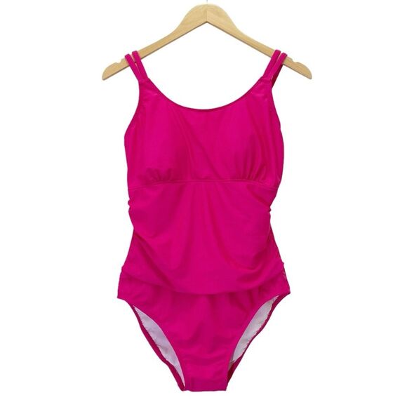 Catalina One Piece Swimsuit Double Strap Ruched Bathing Suit Magenta Size Large - Picture 1 of 10